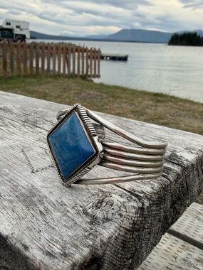 Native American Ernie Belone Sterling Silver Lapis Lazuli Cuff Bracelet - 41.7g